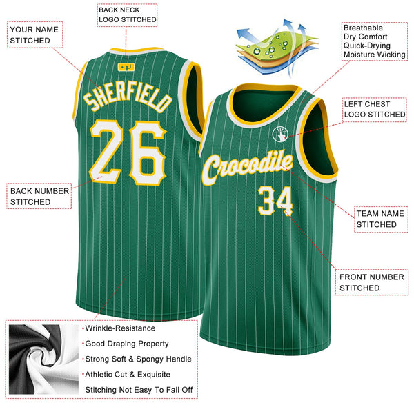 Custom Kelly Green White Pinstripe White-Gold Authentic Basketball Jersey alternate