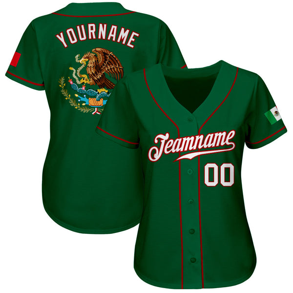Custom Kelly Green White-Red Authentic Mexican Flag Fashion Baseball Jersey alternate