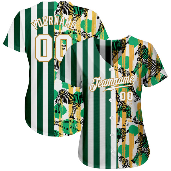 Custom Kelly Green White-Old Gold 3D Pattern Design Zebras And Giraffes Authentic Baseball Jersey alternate