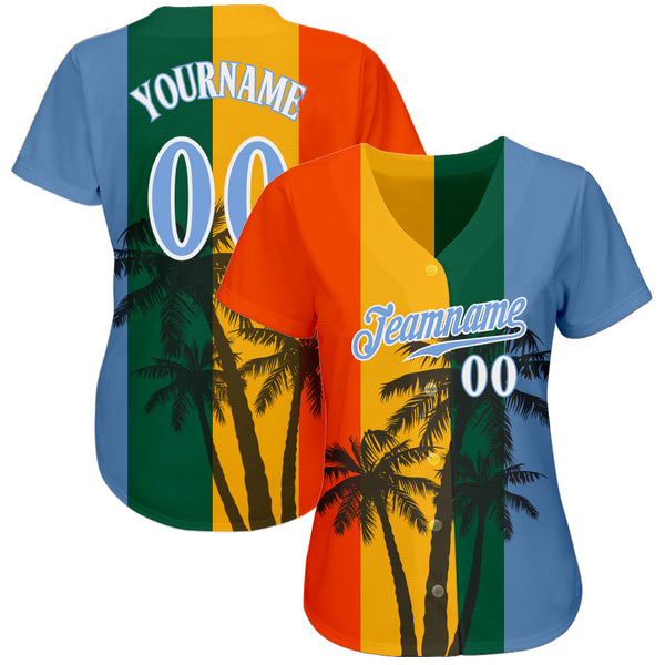 Custom Kelly Green Light Blue-White 3D Pattern Design Hawaii Coconut Trees Authentic Baseball Jersey alternate