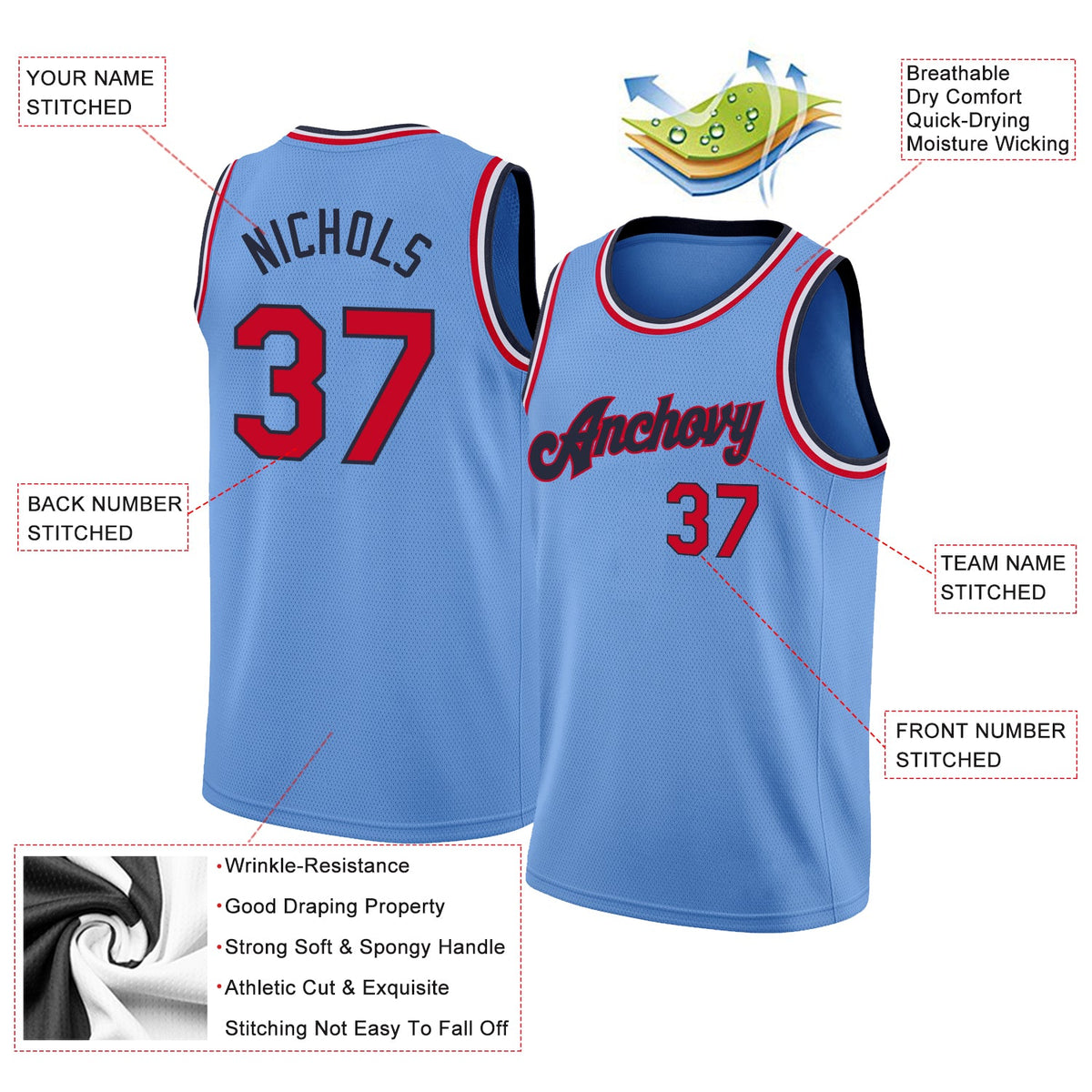 Custom Light Blue Red-Navy Round Neck Rib-Knit Basketball Jersey - Back