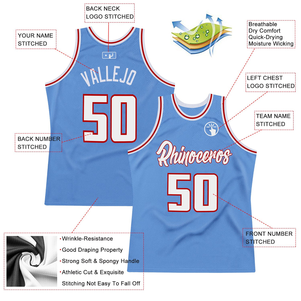 Custom Light Blue White-Red Authentic Throwback Basketball Jersey - Back