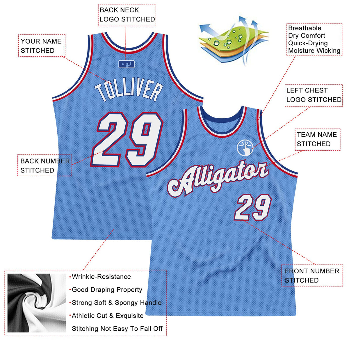 Custom Light Blue White-Royal Authentic Throwback Basketball Jersey - Back