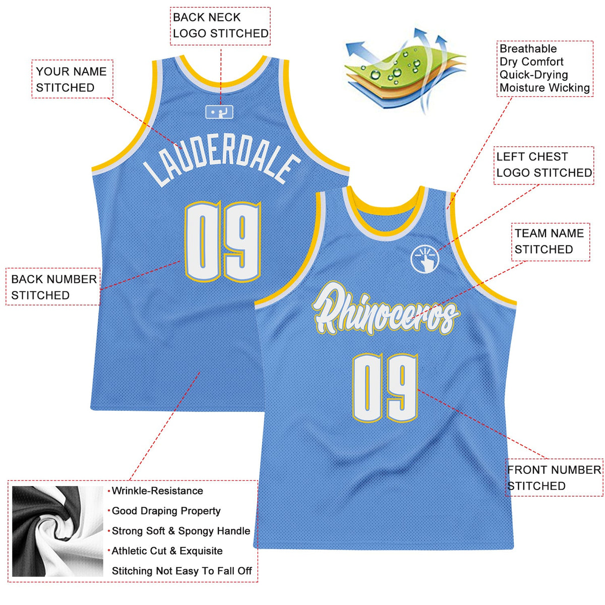 Custom Light Blue White-Gold Authentic Throwback Basketball Jersey - Back