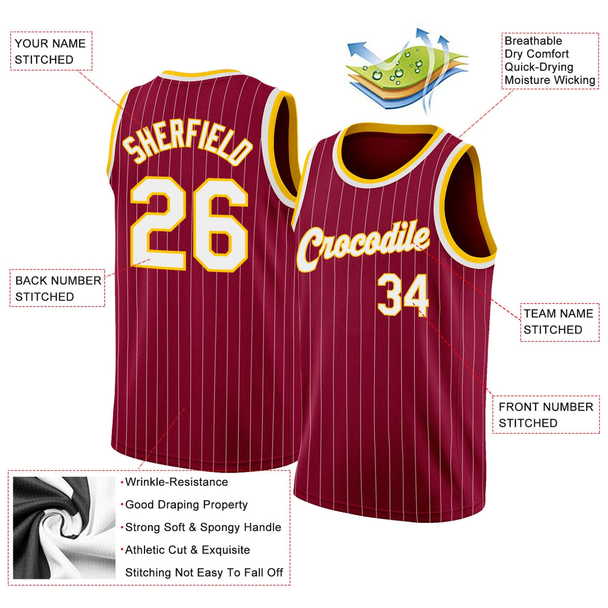 Custom Maroon White Pinstripe White-Gold Authentic Basketball Jersey - Back