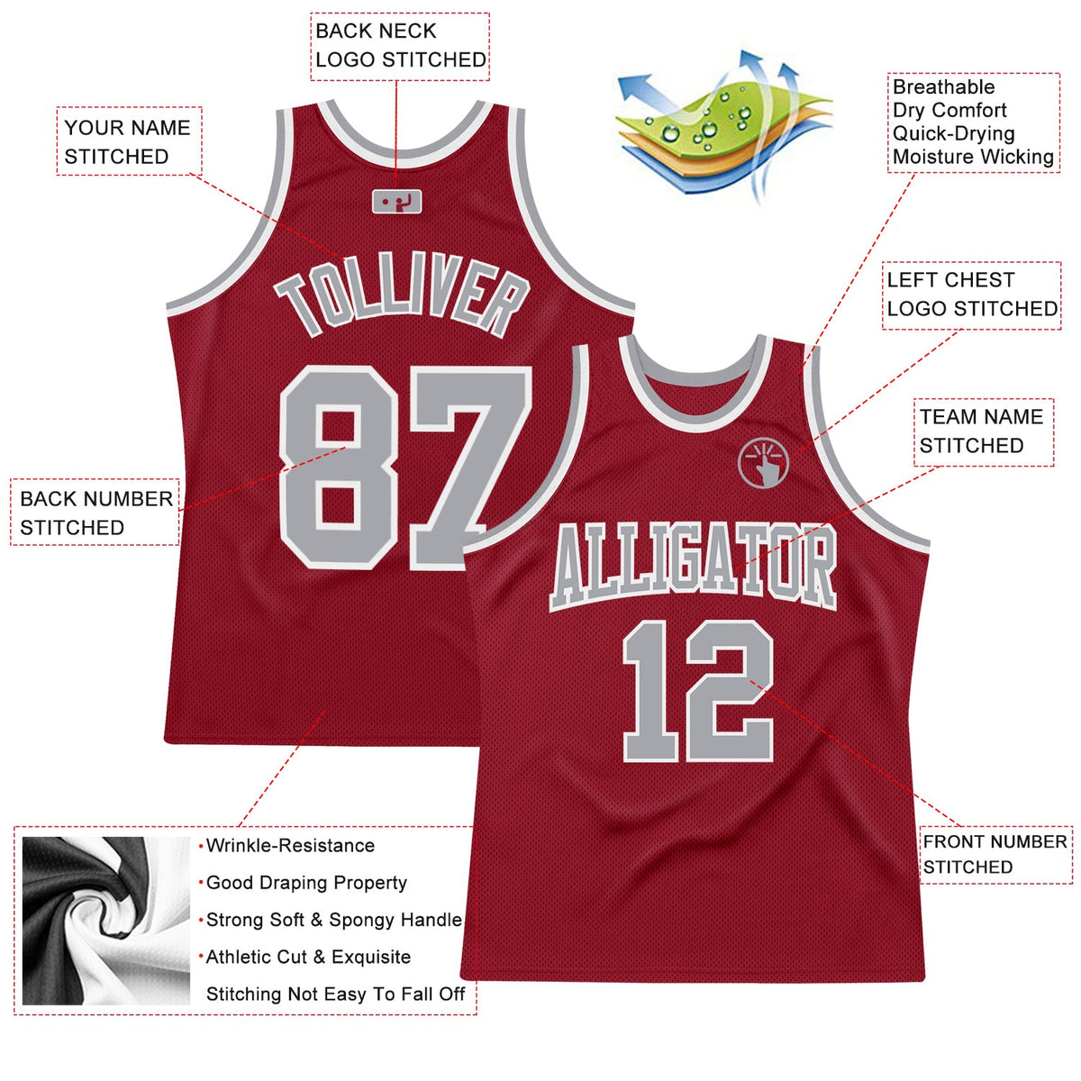 Custom Maroon Gray-White Authentic Throwback Basketball Jersey - Back