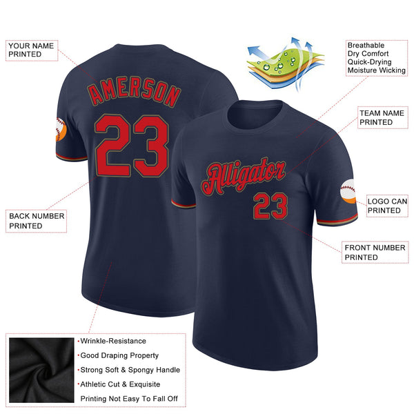 Custom Navy Red-Old Gold Performance T-Shirt alternate