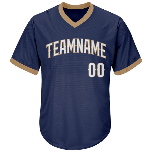 Custom Navy White-Old Gold Authentic Throwback Rib-Knit Baseball Jersey Shirt alternate