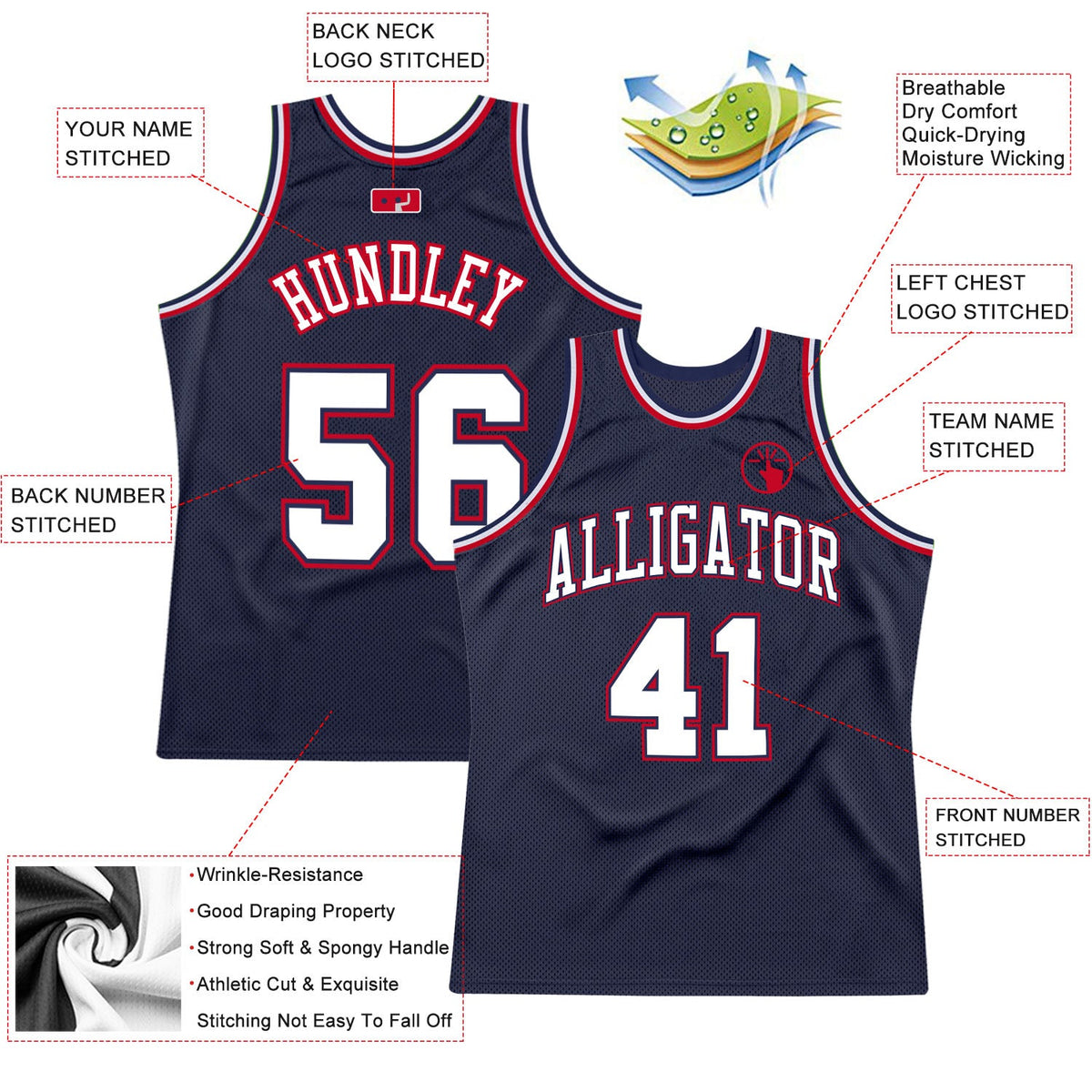 Custom Navy White-Red Authentic Throwback Basketball Jersey - Back