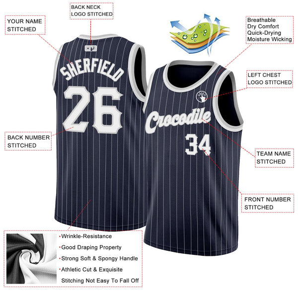 Custom Navy White Pinstripe White-Gray Authentic Basketball Jersey alternate