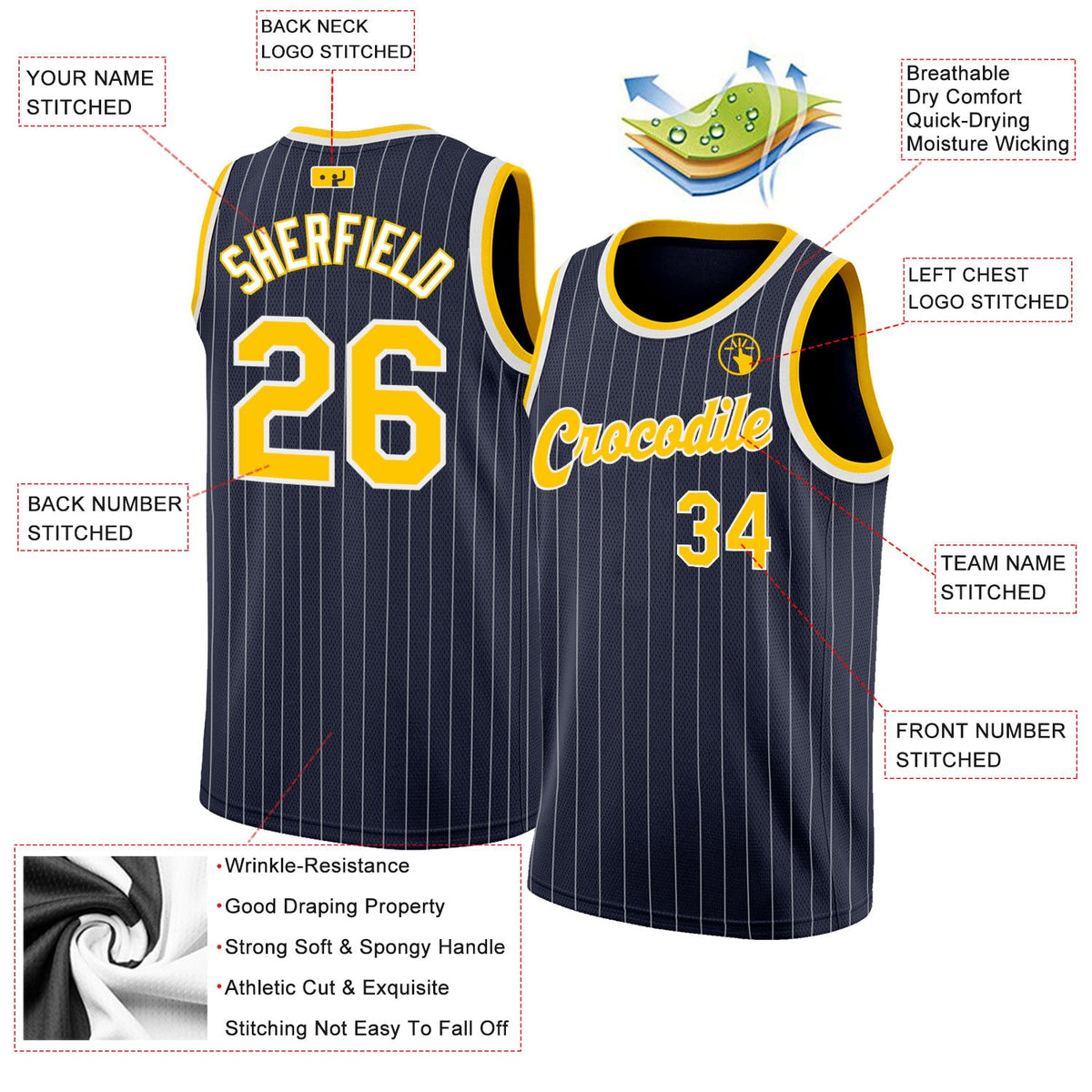 Custom Navy White Pinstripe Gold-White Authentic Basketball Jersey - Back