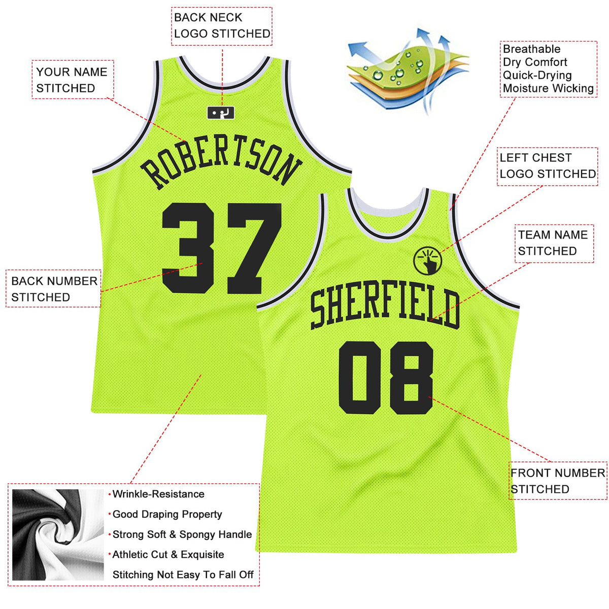 Custom Neon Green Black-White Authentic Throwback Basketball Jersey - Back
