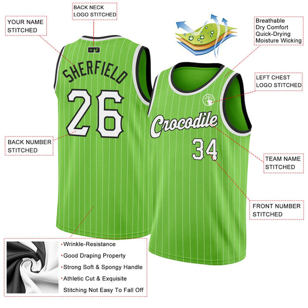 Custom Neon Green White Pinstripe White-Black Authentic Basketball Jersey alternate