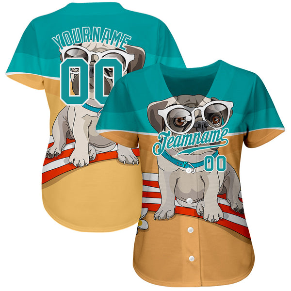 Custom Old Gold Teal-White 3D Pattern Design Puppy Pug Authentic Baseball Jersey alternate