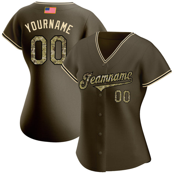 Custom Olive Camo-Black Authentic American Flag Fashion Salute To Service Baseball Jersey alternate