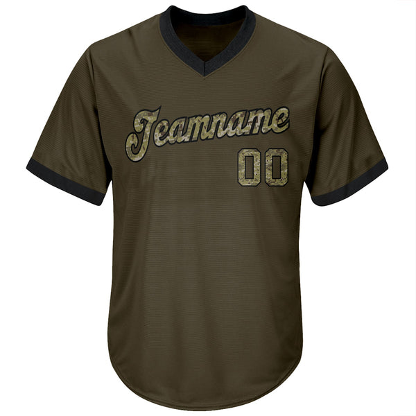 Custom Olive Camo-Black Authentic Throwback Rib-Knit Salute To Service Baseball Jersey Shirt alternate