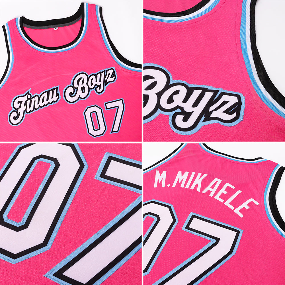 Custom Pink White-Light Blue Round Neck Rib-Knit Basketball Jersey - Back