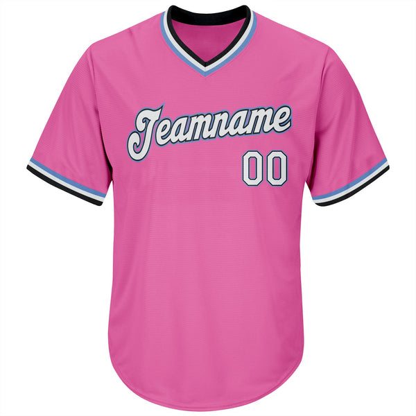Custom Pink White-Light Blue Authentic Throwback Rib-Knit Baseball Jersey Shirt alternate