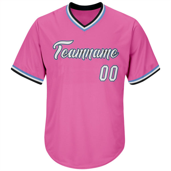 Custom Pink White-Light Blue Authentic Throwback Rib-Knit Baseball Jersey Shirt alternate