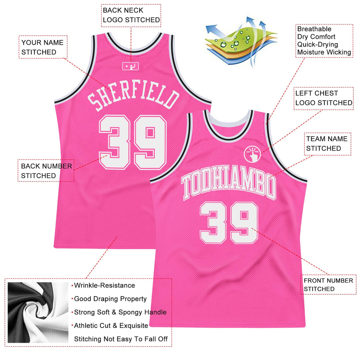 Custom Pink White-Black Authentic Throwback Basketball Jersey - Back