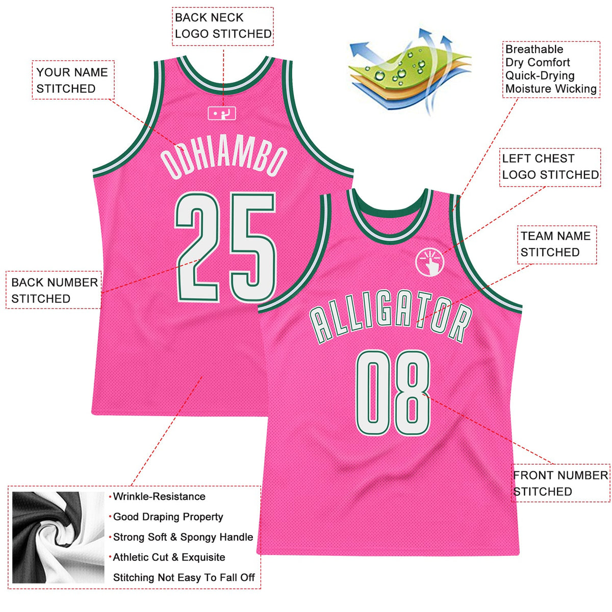 Custom Pink White-Kelly Green Authentic Throwback Basketball Jersey - Front