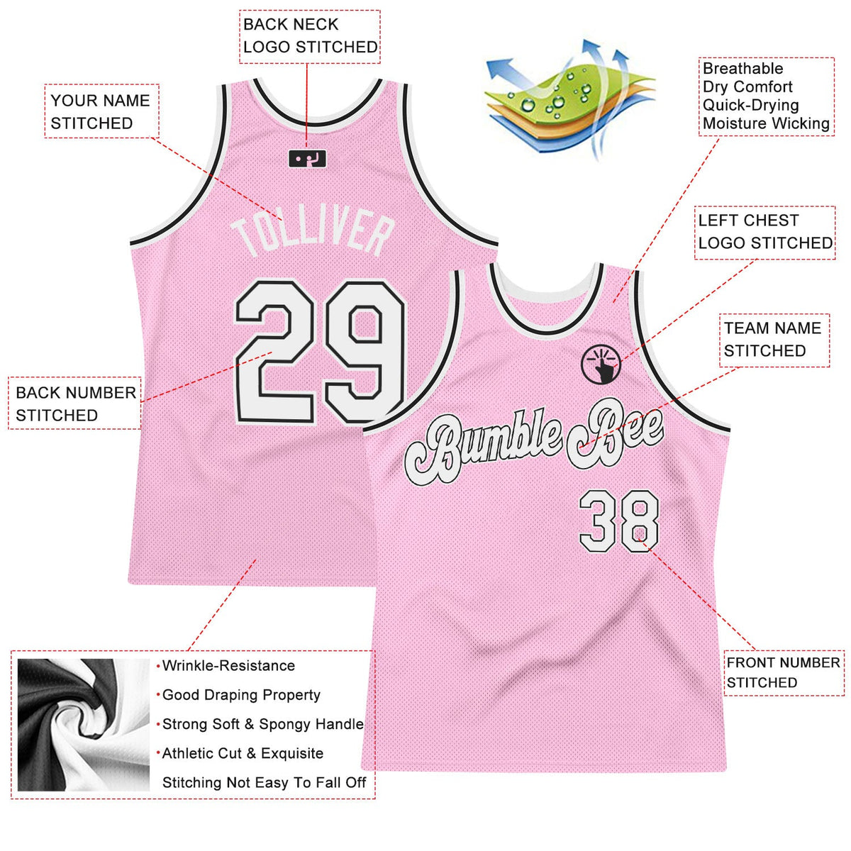 Custom Light Pink White-Black Authentic Throwback Basketball Jersey - Front