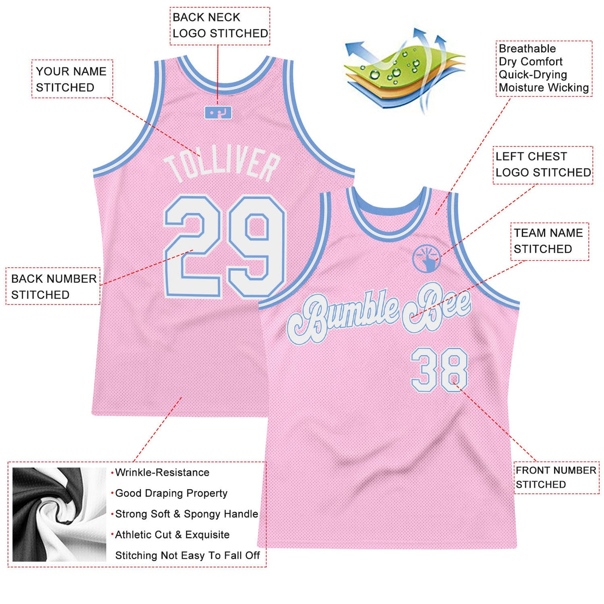 Custom Light Pink White-Light Blue Authentic Throwback Basketball Jersey - Front