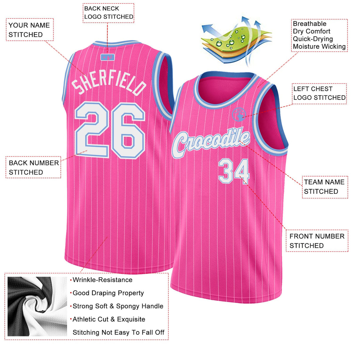 Custom Pink White Pinstripe White-Light Blue Authentic Basketball Jersey - Back