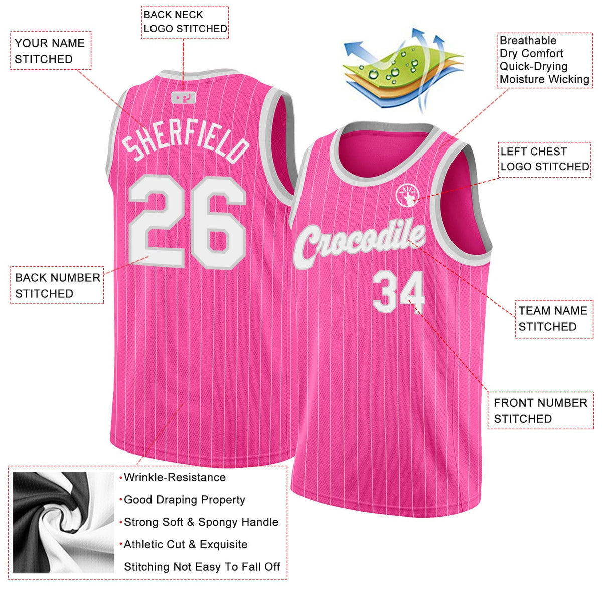Custom Pink White Pinstripe White-Gray Authentic Basketball Jersey - Back