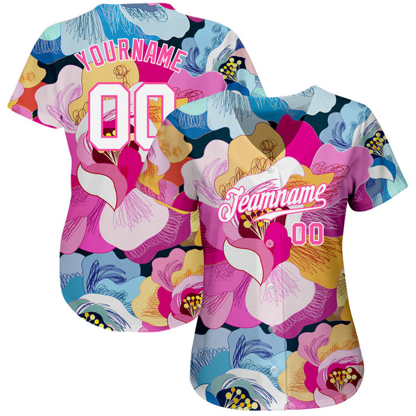 Custom Pink White-Pink 3D Pattern Design Flowers Authentic Baseball Jersey alternate