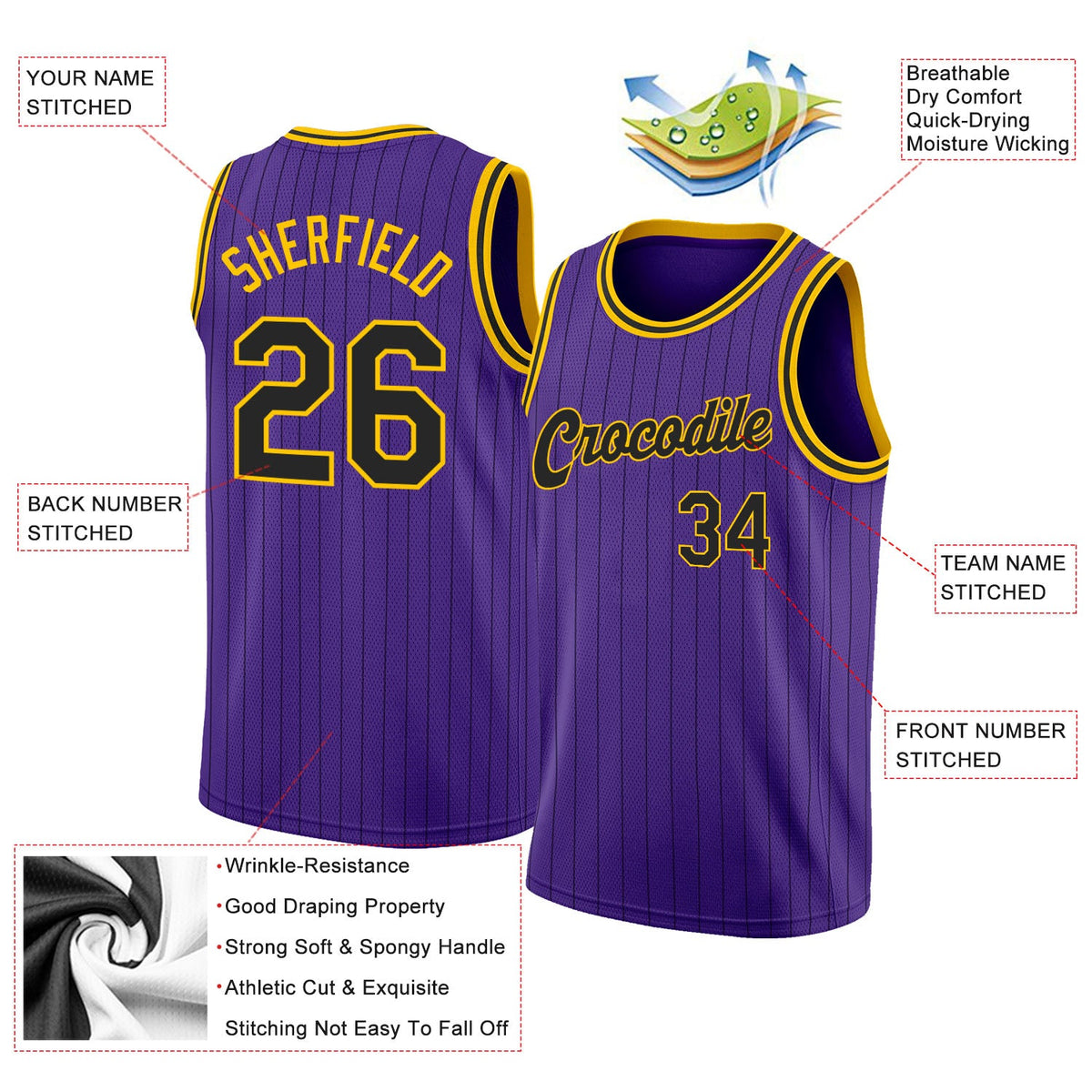 Custom Purple Black Pinstripe Black-Gold Authentic Basketball Jersey - Back