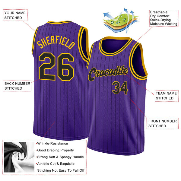Custom Purple Black Pinstripe Black-Gold Authentic Basketball Jersey alternate