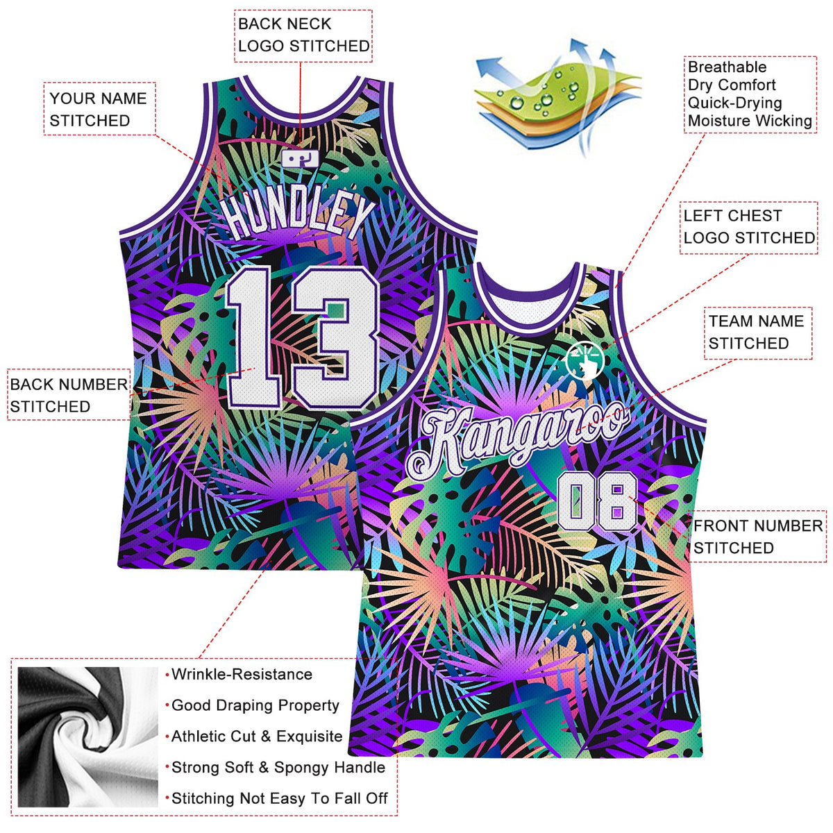 Custom Purple White-Purple 3D Pattern Tropical Hawaii Plants Authentic Basketball Jersey - Back