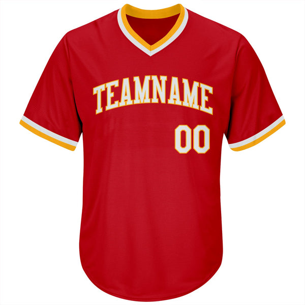 Custom Red White-Gold Authentic Throwback Rib-Knit Baseball Jersey Shirt alternate