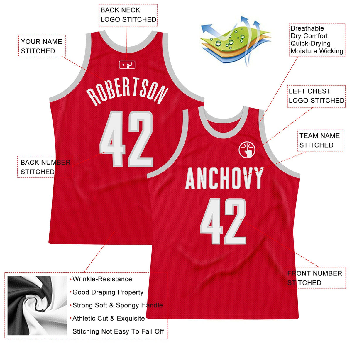 Custom Red White-Gray Authentic Throwback Basketball Jersey - Back