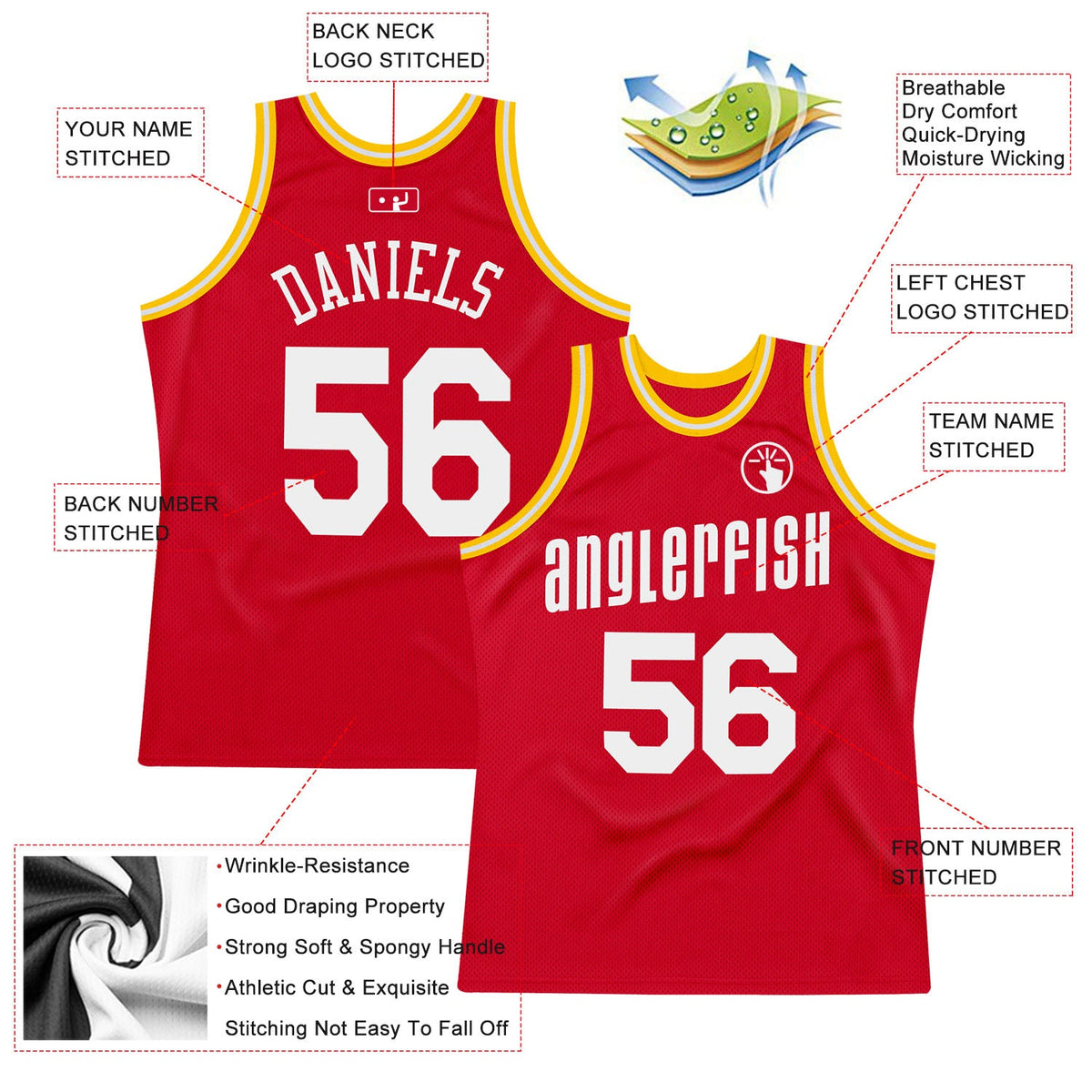 Custom Red White-Gold Authentic Throwback Basketball Jersey - Back