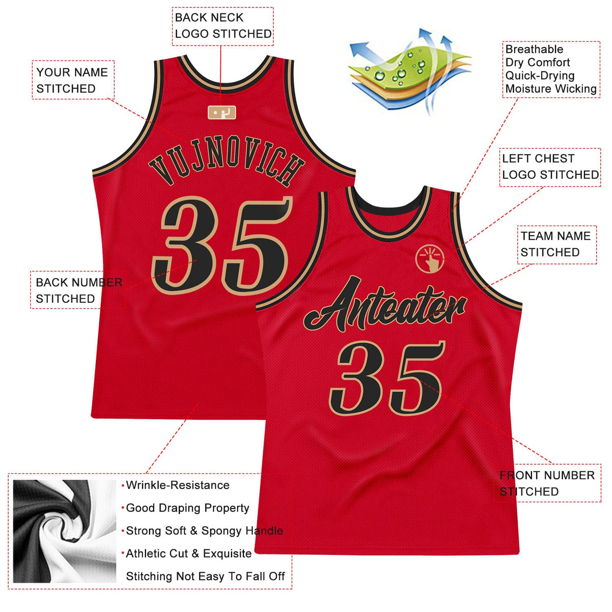 Custom Red Black-Old Gold Authentic Throwback Basketball Jersey - Back