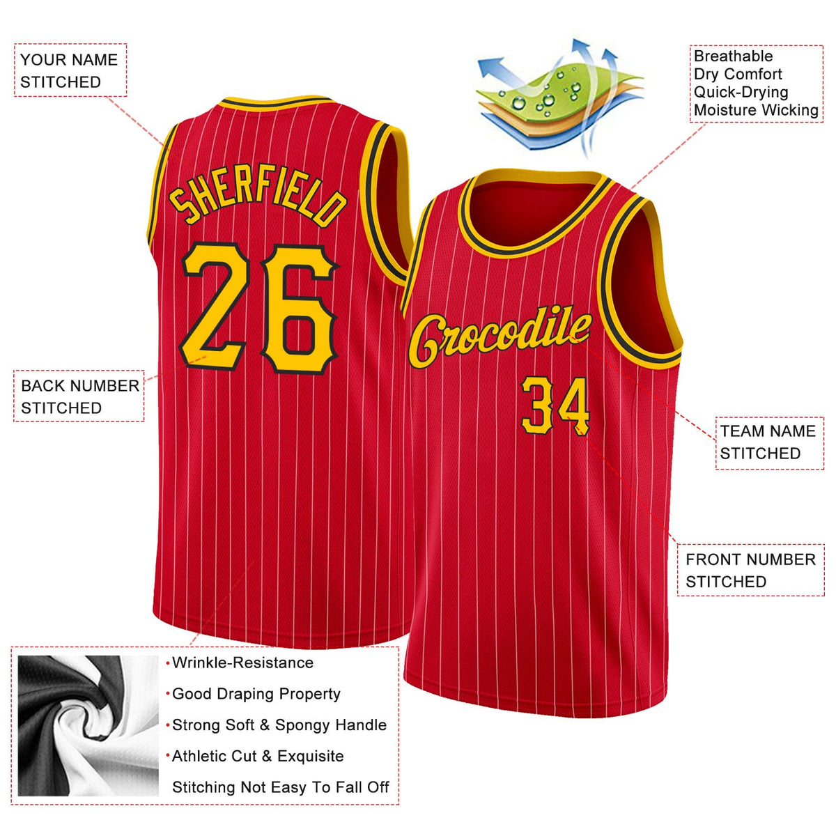 Custom Red Gold Pinstripe Gold-Black Authentic Basketball Jersey - Back