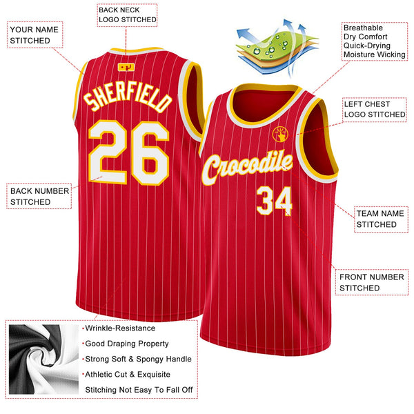Custom Red White Pinstripe White-Gold Authentic Basketball Jersey alternate