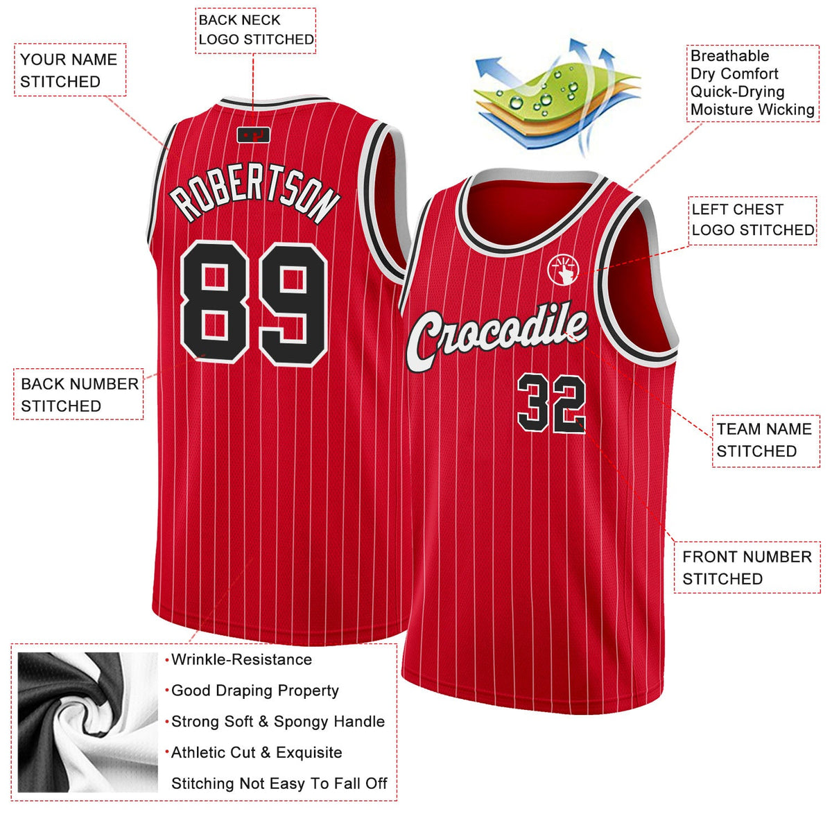 Custom Red White Pinstripe Black-White Authentic Basketball Jersey - Back