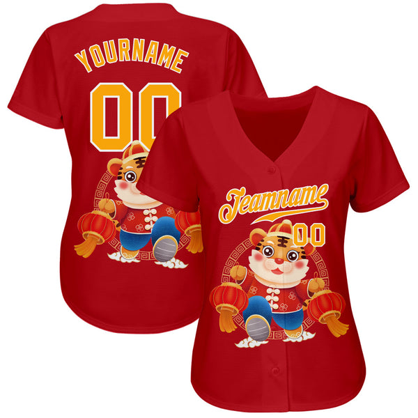 Custom Red Gold-White 3D Pattern Design Cute Tiger Authentic Baseball Jersey alternate