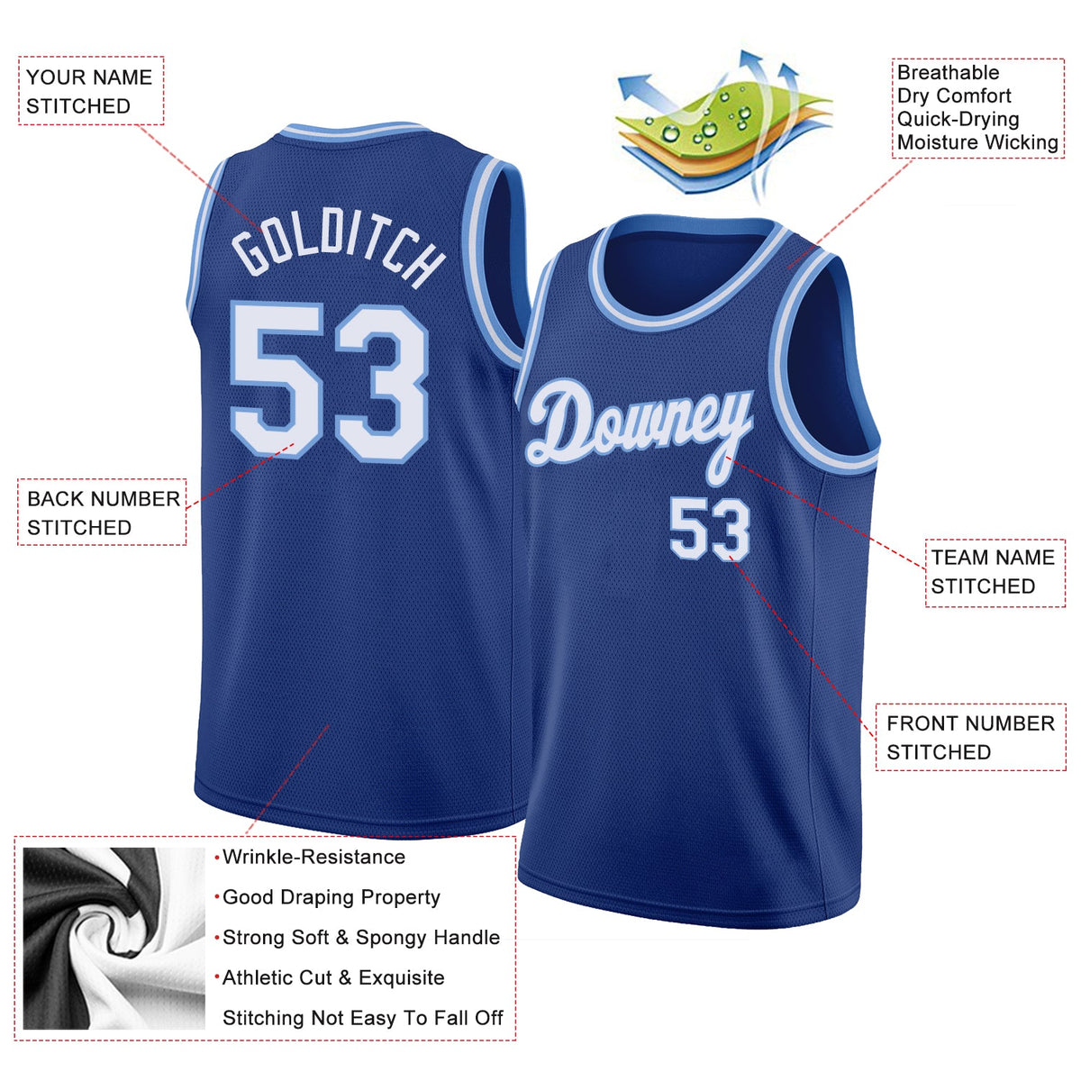 Custom Royal White-Light Blue Round Neck Rib-Knit Basketball Jersey - Back