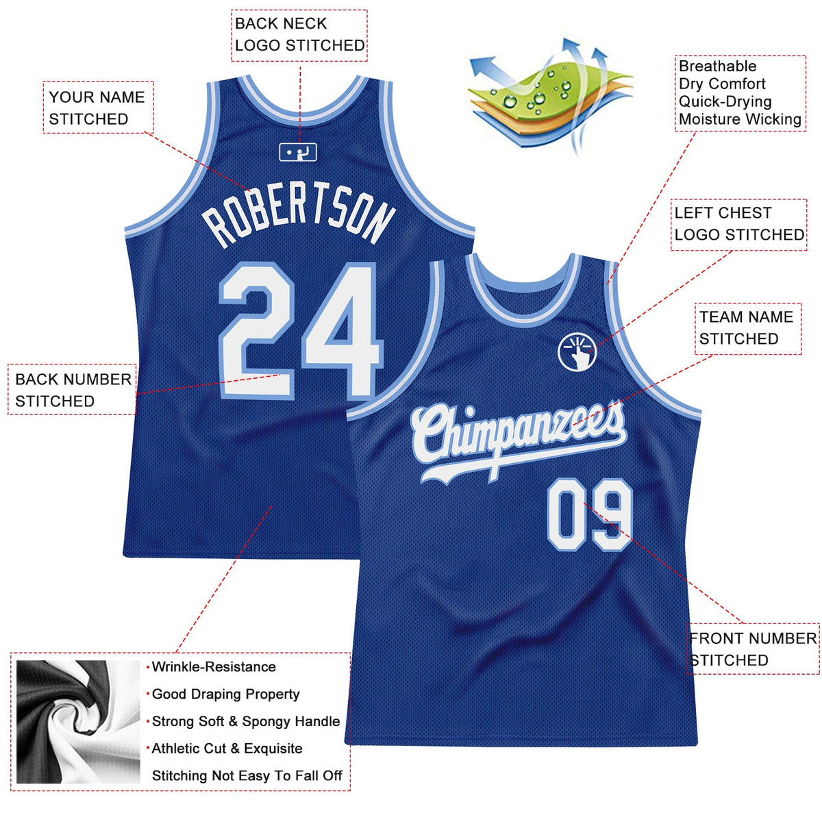 Custom Royal White-Light Blue Authentic Throwback Basketball Jersey - Back