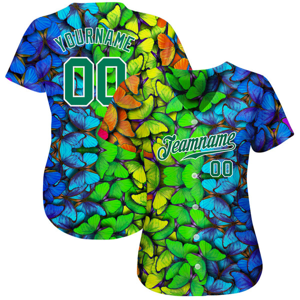 Custom Royal Kelly Green-White 3D Pattern Design Multicolored Butterflies Authentic Baseball Jersey alternate