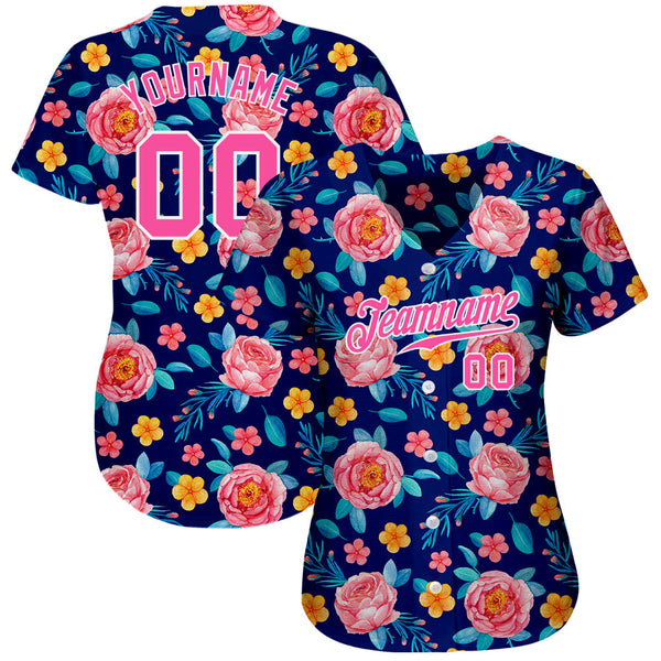 Custom Royal Pink-White 3D Pattern Design Flowers Authentic Baseball Jersey alternate