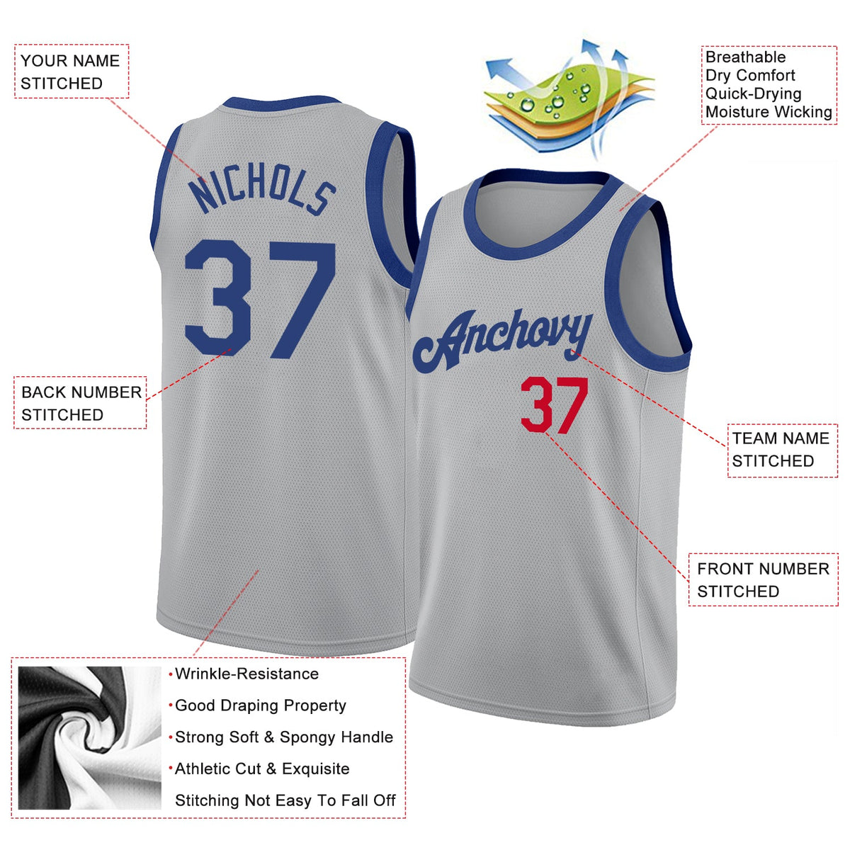 Custom Gray Royal-Red Round Neck Rib-Knit Basketball Jersey - Back