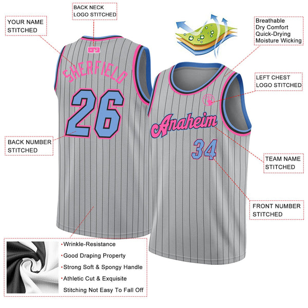 Custom Gray Black Pinstripe Light Blue-Pink Authentic Basketball Jersey alternate