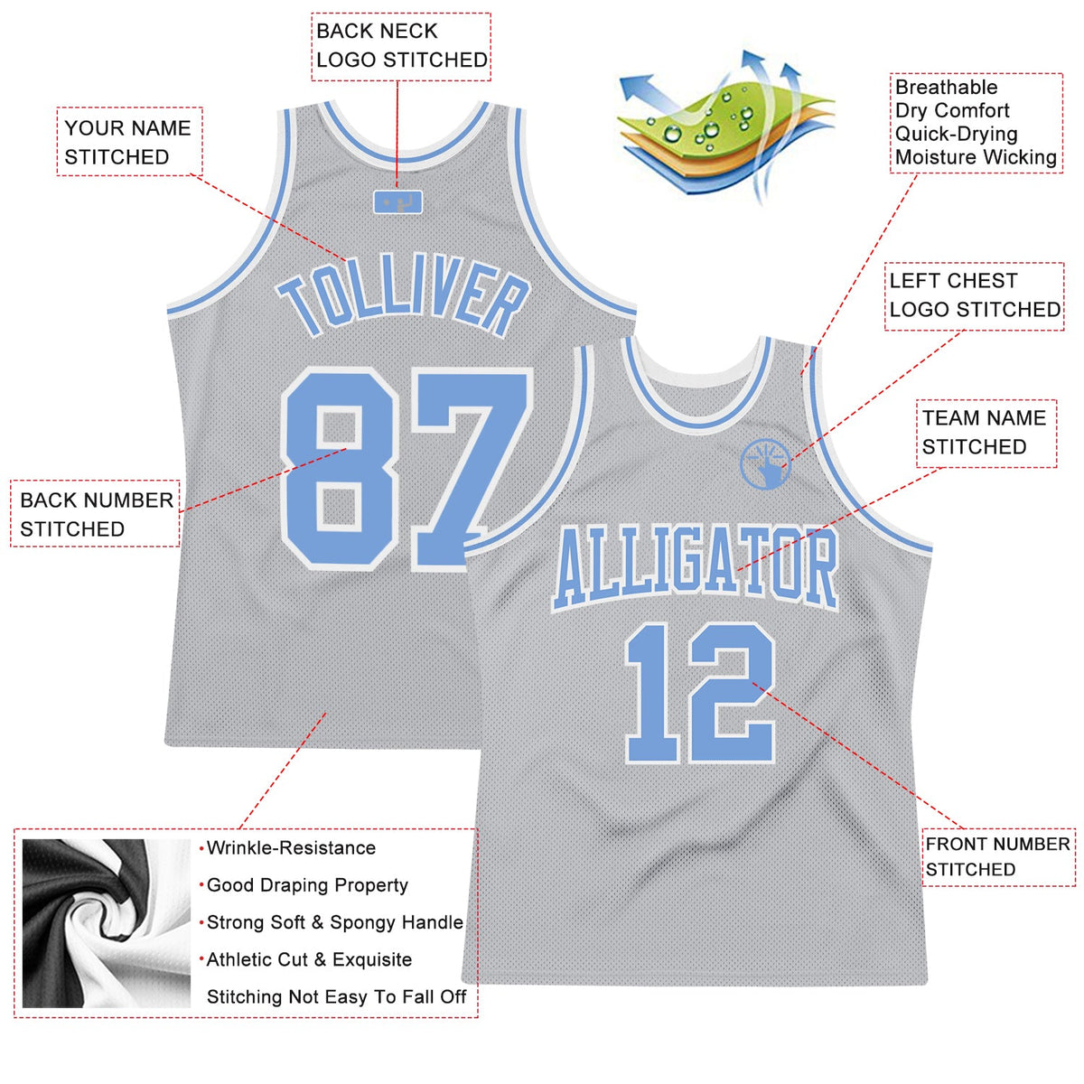 Custom Gray Light Blue-White Authentic Throwback Basketball Jersey - Back