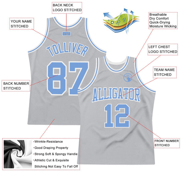 Custom Gray Light Blue-White Authentic Throwback Basketball Jersey alternate