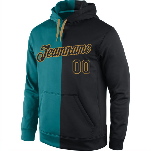 Custom Stitched Aqua Black-Old Gold Split Fashion Sports Pullover Sweatshirt Hoodie alternate